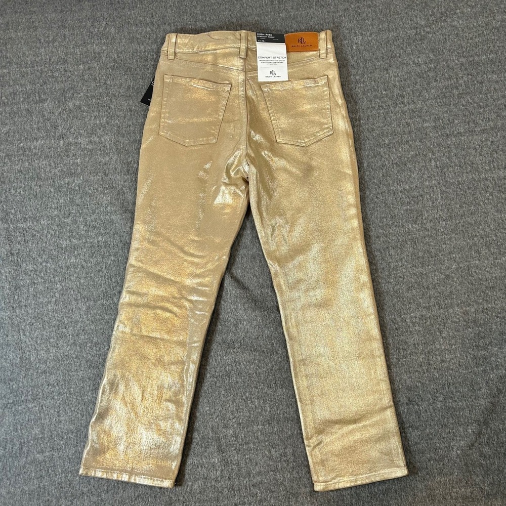 Ralph Lauren‎ Gold Metallic High Rise Straight Ankle Jeans 6P Fits 30x25 New - Picture 4 of 8